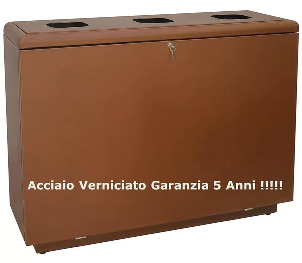 Pattumiera, aperture Superiore , per raccolta differenziata in acciaio 3 scomparti 80 litri totale da 240 L Dimensioni 120x40xh 90 cm-kg 40 scomparti da 240 lt colore Corten