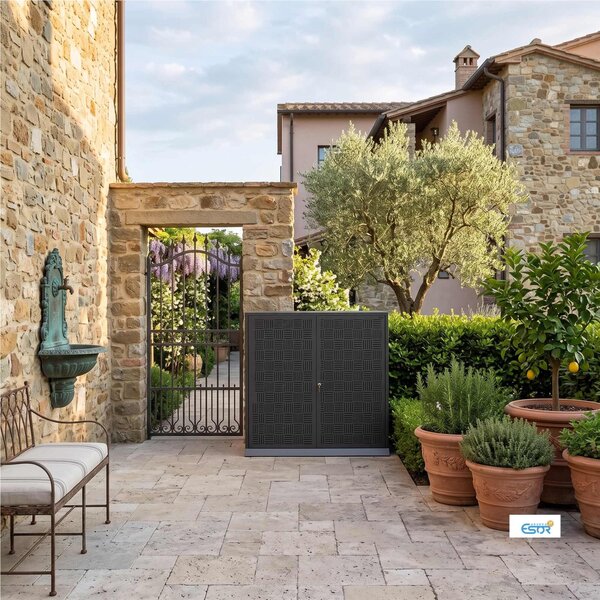 Copri bidoni, Doppio per la spazzatura da Esterno e per bidoni immondizia, 240+240 Realizzato in lamiera zincata Dimensioni 144x87xh 117 cm Contiene 2 bidoni da 240 litri colore Antracite