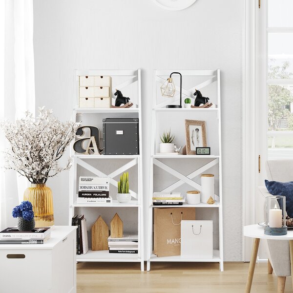 Costway Scaffale a scala in legno a 4 ripiani per soggiorno, Libreria mobile portaoggetti 50x46x143cm Bianco