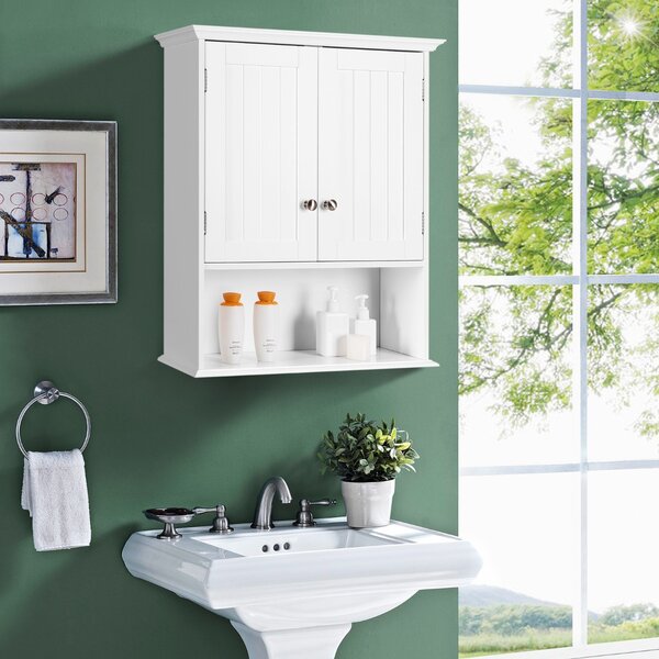 Costway Mobile sospeso da bagno a parete con ante e ripiani, Mobile in legno per cucina camera da letto Bianco