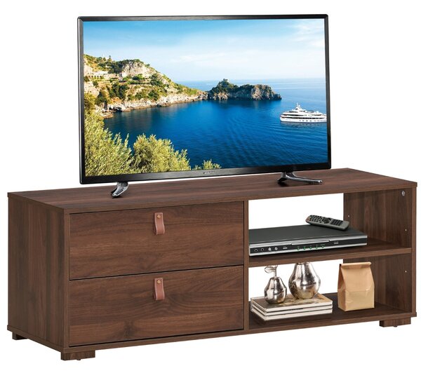Costway Mobile industriale in legno per TV con 2 cassetti, Tavolo console multimediale con ripiano regolabile Noce