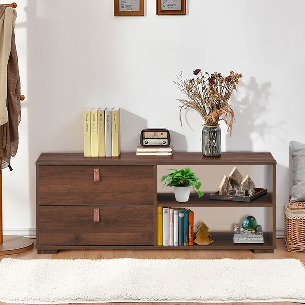 Costway Mobile industriale in legno per TV con 2 cassetti, Tavolo console multimediale con ripiano regolabile Noce