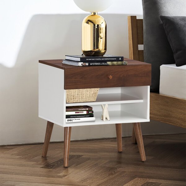 Costway Comodino multiuso con cassetto ripiani di stoccaggio, Tavolino con gambe in legno di gomma