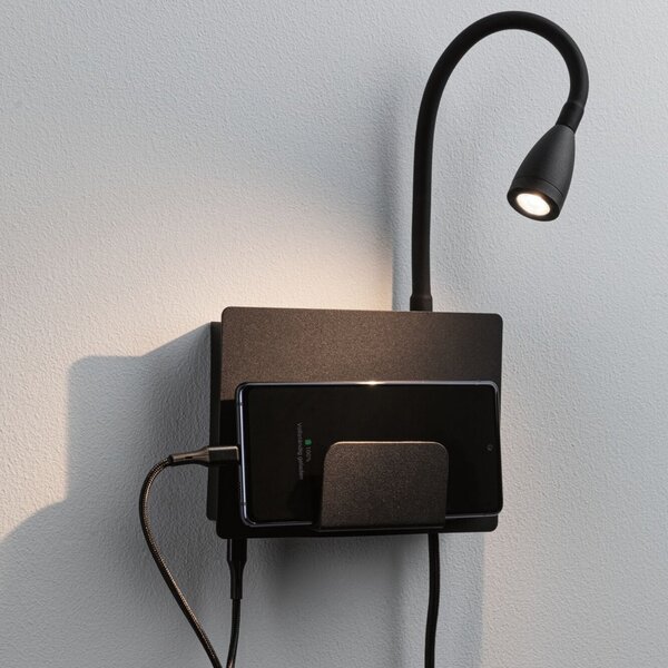 Applique da parete Paulmann, Halina USB, Nero, Camera da letto, Metallo, Moderno