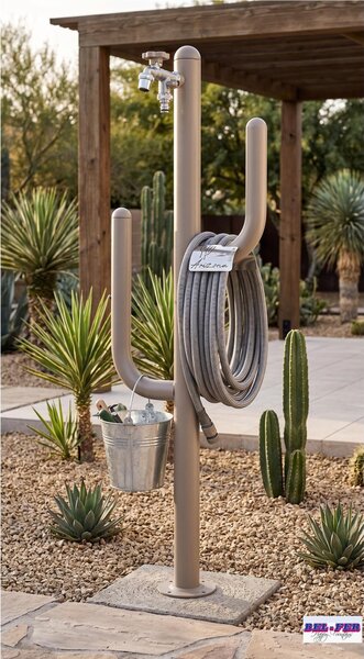 Fontana da Giardino ARIZONA Doppio rubinetto il secondo con attacco rapido Acciaio Alluminio Belfer Dimensioni 32x17xh 102 cm - peso 4 kg colore Tortora
