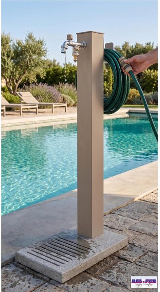 Fontana da Giardino Con Base In Cemento Pronta Istallazione Base rettangolare Doppio Rubinetto Dimensioni 40x40x h 89 cm - peso 15.8 kg un rubinetto con innesto rapido, Colore Tortora