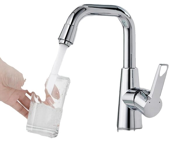 Rubinetto per lavabo, con bocchetta girevole a 360°, aeratore a risparmio idrico, cromato