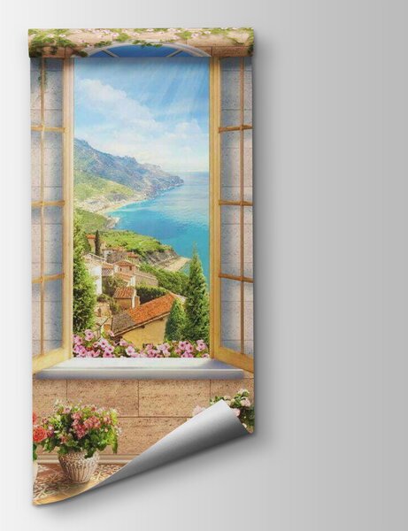 Carta da parati Finestra con vista su una città e uno specchio d'acqua, Carta da parati Finestre, Carta da parati popolare, u07042 - Tapeko.it