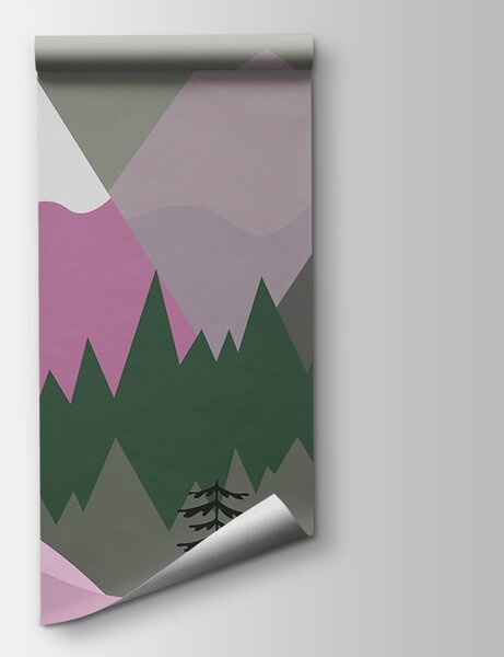 Carta da parati Un paesaggio montano con alberi e montagne, Carta da parati per Bambini, Carta da parati popolare, u93561v2 - Tapeko.it