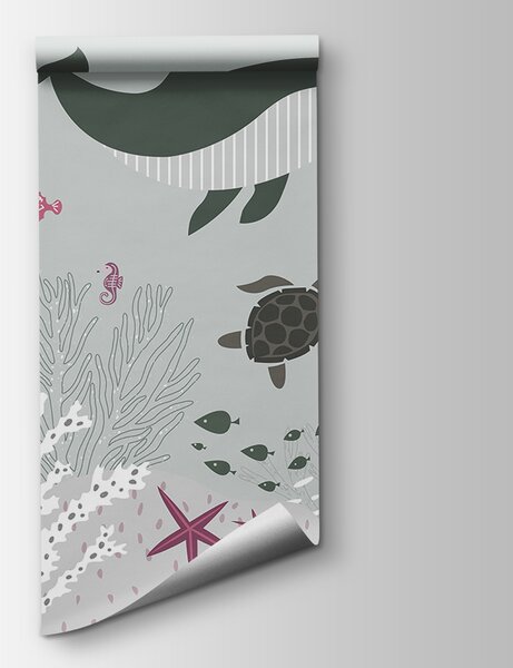 Carta da parati Una vita marina con una balena e un'alga, Carta da parati per Bambini, Carta da parati popolare, u93763v2 - Tapeko.it