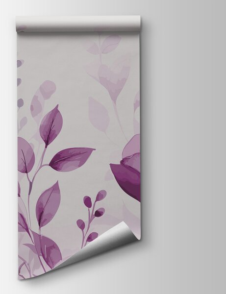 Carta da parati Fiori e foglie viola su sfondo bianco, Carta da parati Fiori grandi, Carta da parati popolare, u99558v2 - Tapeko.it
