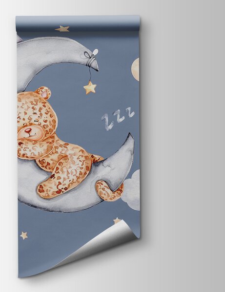 Carta da parati Un orsacchiotto che dorme sulla luna, Carta da parati Bebè per neonati, Carta da parati popolare, w00083v1 - Tapeko.it