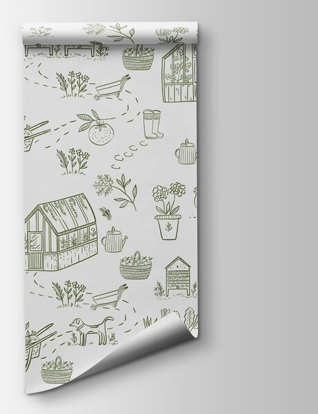 Carta da parati Un modello di attrezzi e piante da giardinaggio, Carta da parati design, Carta da parati popolare, w00254v4 - Tapeko.it