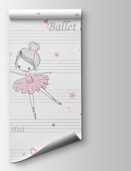 Carta da parati Un gruppo di ballerine rosa e bianche su note musicali, Carta da parati per Bambini, Carta da parati popolare, w00755 - Tapeko.it