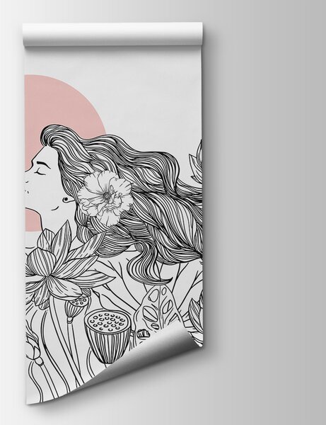 Carta da parati Disegno di donna con capelli lunghi e fiori, Carta da parati Natura, Carta da parati popolare, w07988v5 - Tapeko.it
