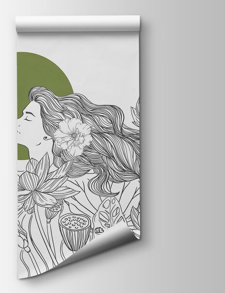 Carta da parati Disegno di donna con capelli lunghi e fiori, Carta da parati Natura, Carta da parati popolare, w07988v3 - Tapeko.it