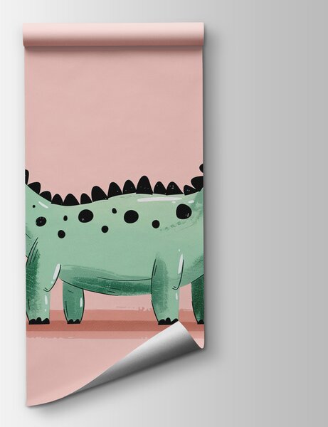 Carta da parati Dinosauro a fumetti con piante e foglie, Carta da parati i Dinosauri, Carta da parati popolare, w01357 - Tapeko.it