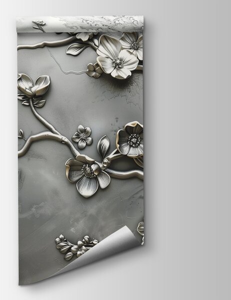 Carta da parati Disegno floreale in argento su una parete, Carta da parati 3d fiori, Carta da parati popolare, w01432 - Tapeko.it