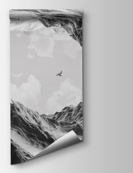Carta da parati Gruppo di uccelli in volo su una montagna, Carta da parati Cielo, Carta da parati popolare, w02514 - Tapeko.it