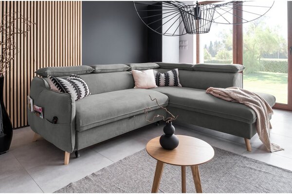Divano letto angolare in velluto grigio chiaro (angolo destro) Sweet Harmony - Miuform
