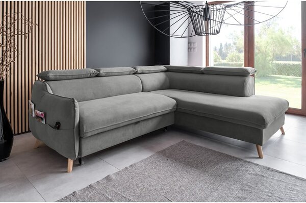 Divano letto angolare in velluto grigio chiaro (angolo destro) Sweet Harmony - Miuform