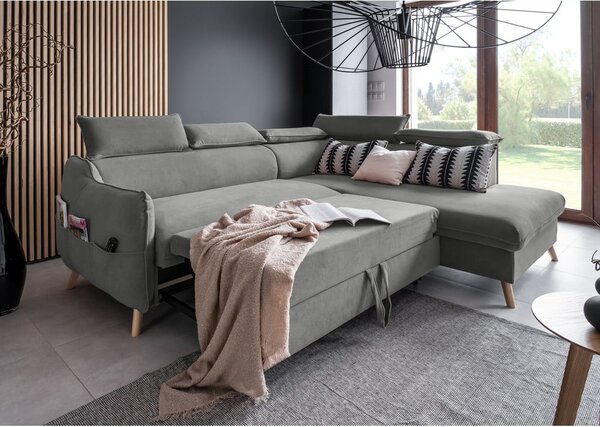 Divano letto angolare in velluto grigio chiaro (angolo destro) Sweet Harmony - Miuform
