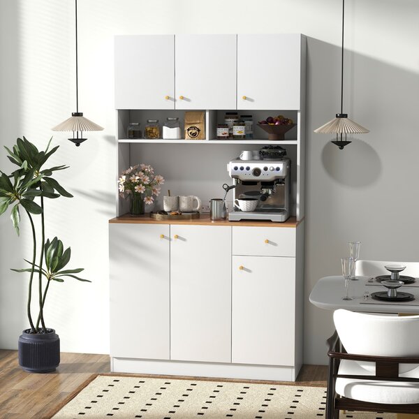 Costway Armadio alto 181cm con prese e porte USB ripiani regolabili in 3 posizioni, Armadio da cucina indipendente Bianco