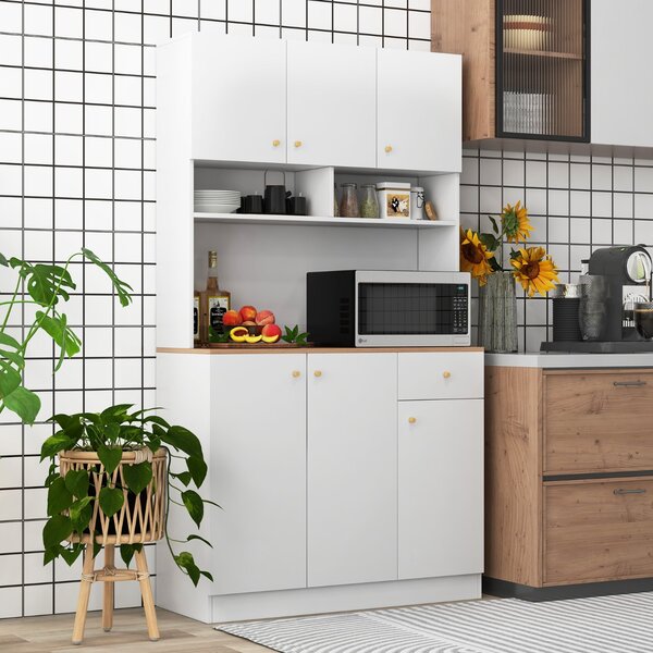Costway Armadio alto 181cm con prese e porte USB ripiani regolabili in 3 posizioni, Armadio da cucina indipendente Bianco
