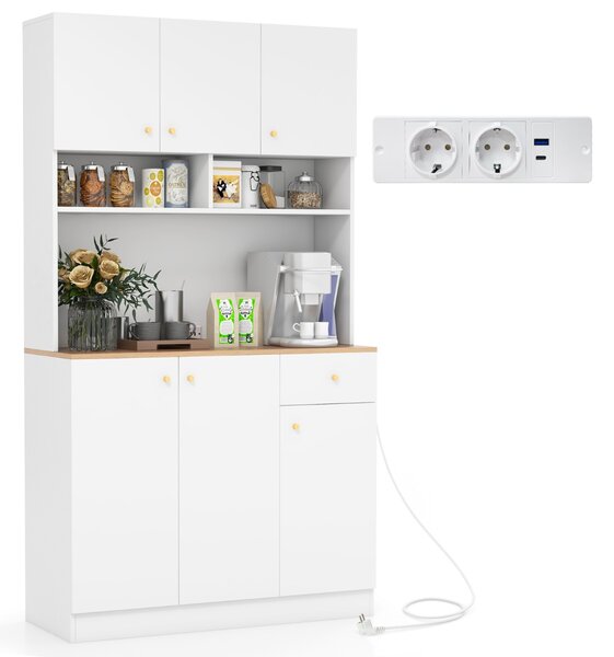 Costway Armadio alto 181cm con prese e porte USB ripiani regolabili in 3 posizioni, Armadio da cucina indipendente Bianco