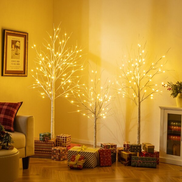 Costway Albero di betulla illuminati albero di natale artificiale con altezze di 120 cm 150 cm e 180 cm, Albero di betulla illuminati con 216 luci led caldo Bianco