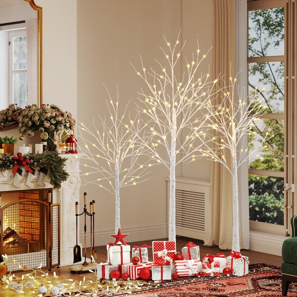 Costway Albero di betulla illuminati albero di natale artificiale con altezze di 120 cm 150 cm e 180 cm, Albero di betulla illuminati con 216 luci led caldo Bianco