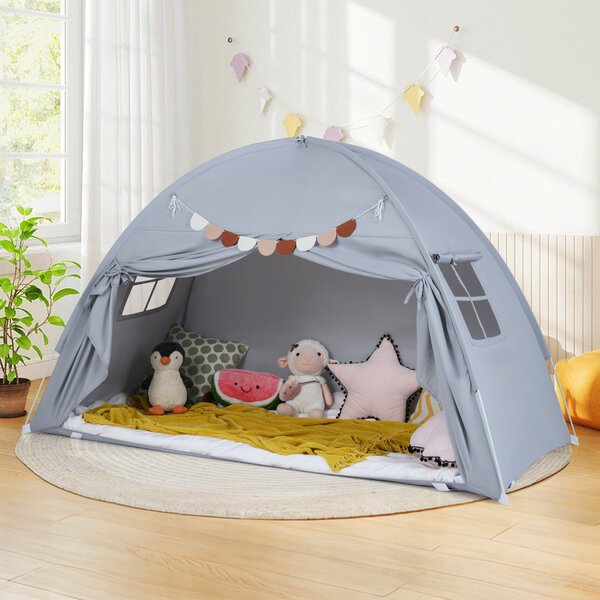 Costway Tenda castello letto matrimoniale 2 finestre bandiere pieghevole, Tenda gioco portatile privacy per bambini 3+ anni Grigio
