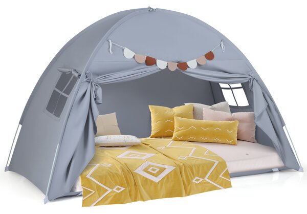 Costway Tenda castello letto matrimoniale 2 finestre bandiere pieghevole, Tenda gioco portatile privacy per bambini 3+ anni Grigio