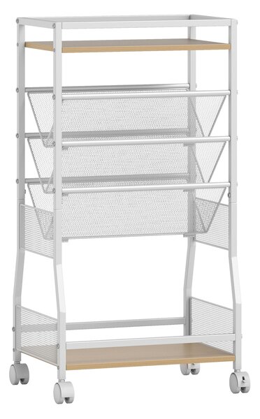 Costway Carrellino portadocumenti con struttura metallica pannello in legno, Carrello portalibri con 4 ruote per casa e ufficio Bianco