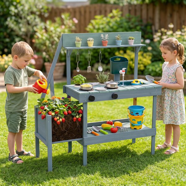 Costway Cucina giocattolo in legno massello per bambini 3+ anni, Cucinetta montessori da esterno con fioriera rialzata Verde