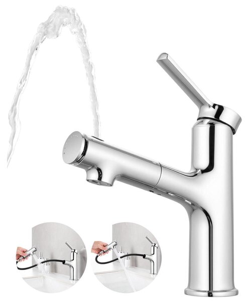 Miscelatore per lavabo con doccetta estraibile, 3 modalità di flusso dell'acqua, miscelatore monocomando, finitura cromata lucida