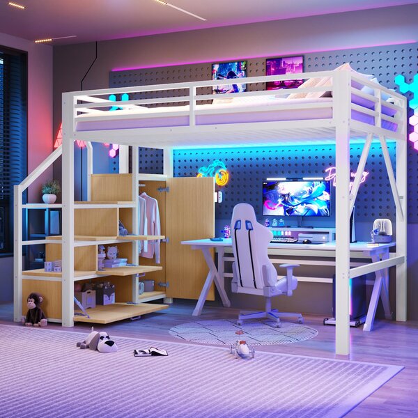 Letto rialzato 140x200 cm con armadio, 3 vani contenitore, scala e illuminazione LED, metallo, bianco