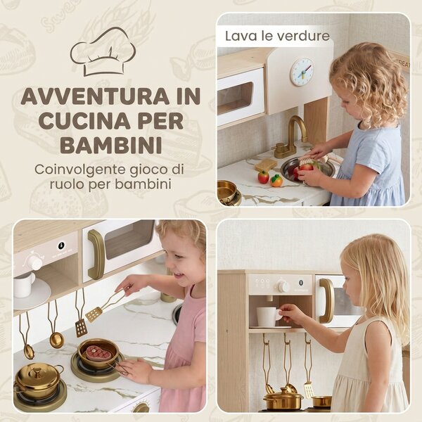 AIYAPLAY Cucina Giocattolo per Bambini con Macchina del Caffè Girevole, Fornelli, Rubinetto e Orologio, 3-6 Anni, Bianco | Aosom Italy
