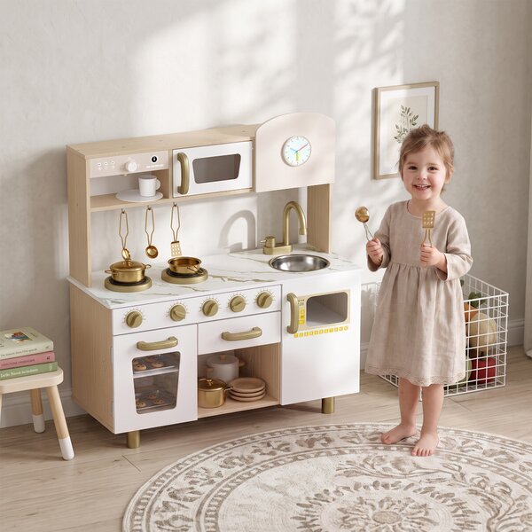 AIYAPLAY Cucina Giocattolo per Bambini con Macchina del Caffè Girevole, Fornelli, Rubinetto e Orologio, 3-6 Anni, Bianco | Aosom Italy