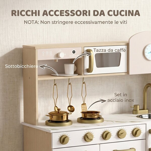 AIYAPLAY Cucina Giocattolo per Bambini con Macchina del Caffè Girevole, Fornelli, Rubinetto e Orologio, 3-6 Anni, Bianco | Aosom Italy