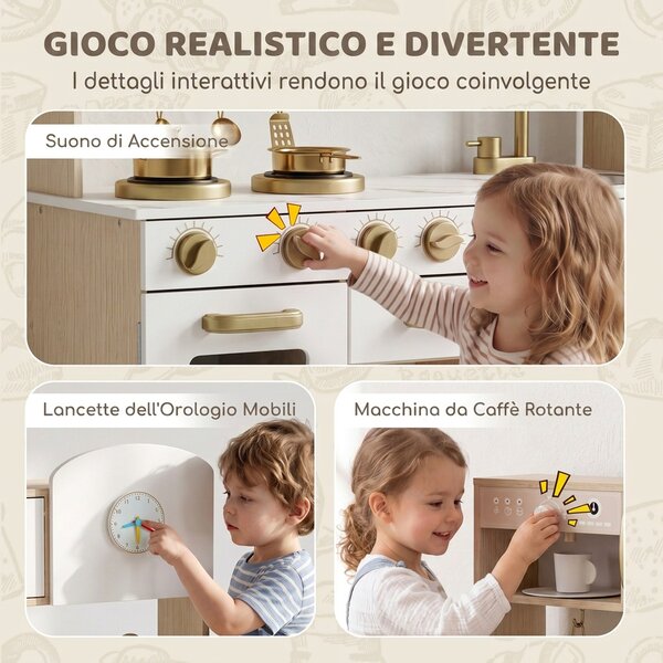 AIYAPLAY Cucina Giocattolo per Bambini con Macchina del Caffè Girevole, Fornelli, Rubinetto e Orologio, 3-6 Anni, Bianco | Aosom Italy
