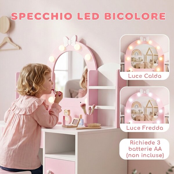 AIYAPLAY Set Toeletta Trucco Bambina 2 in 1 con Sgabello e Specchio, Luci a 2 Colori, Cassetto, Ripiani, Rosa | Aosom Italy