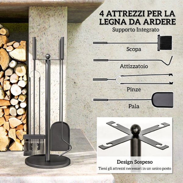 Outsunny Set Attrezzi Camino 5 Pezzi con Pala, Spazzola, Pinze, Attizzatoio e Supporto in Metallo, Salvaspazio, Nero | Aosom Italy