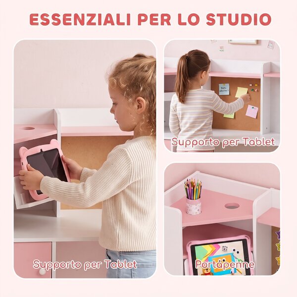 AIYAPLAY Set Scrivania e Sedia per Bambini 5-12 Anni con Libreria, Portapenne, Supporto Regolabile per Tablet, Rosa | Aosom Italy