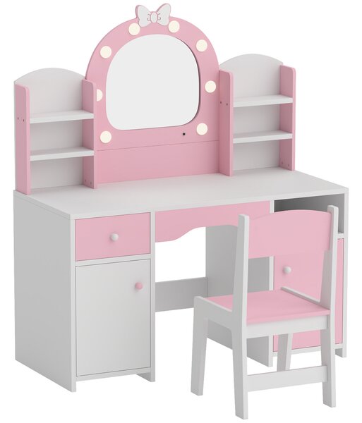 AIYAPLAY Set Toeletta Trucco Bambina 2 in 1 con Sgabello e Specchio, Luci a 2 Colori, Cassetto, Ripiani, Rosa | Aosom Italy
