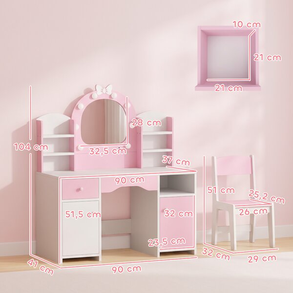AIYAPLAY Set Toeletta Trucco Bambina 2 in 1 con Sgabello e Specchio, Luci a 2 Colori, Cassetto, Ripiani, Rosa | Aosom Italy