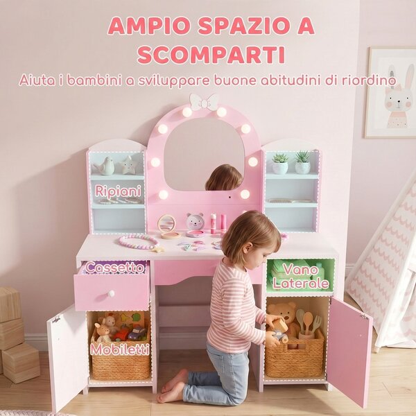 AIYAPLAY Set Toeletta Trucco Bambina 2 in 1 con Sgabello e Specchio, Luci a 2 Colori, Cassetto, Ripiani, Rosa | Aosom Italy
