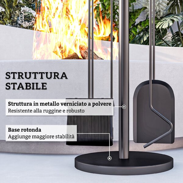 Outsunny Set Attrezzi Camino 5 Pezzi con Pala, Spazzola, Pinze, Attizzatoio e Supporto in Metallo, Salvaspazio, Nero | Aosom Italy