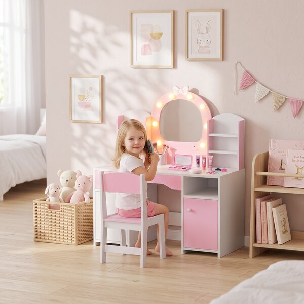 AIYAPLAY Set Toeletta Trucco Bambina 2 in 1 con Sgabello e Specchio, Luci a 2 Colori, Cassetto, Ripiani, Rosa | Aosom Italy