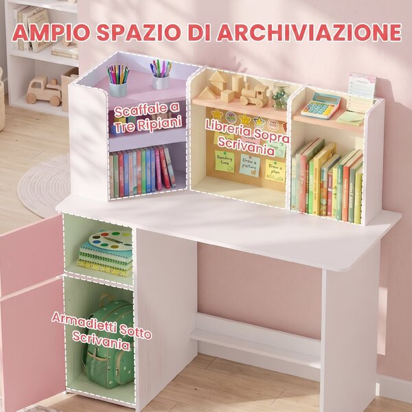 AIYAPLAY Set Scrivania e Sedia per Bambini 5-12 Anni con Libreria, Portapenne, Supporto Regolabile per Tablet, Rosa | Aosom Italy